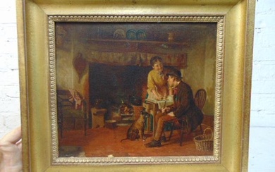Painting, courting scene, attributed to Francis William Edmonds, oil on canvas, woman standing over
