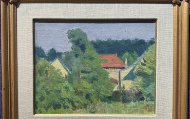 Painting of houses behind trees, unsigned