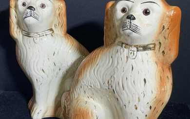 Pair Antq Staffordshire Porcelain Spaniel Figurals