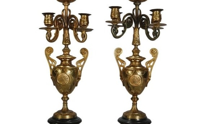 Pair Figural Gilt Bronze & Marble Classical Candelabra