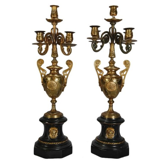 Pair Figural Gilt Bronze & Marble Classical Candelabra