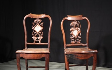 Pair antique Chinese scholar chairs with viewing stone slab insert backs; intricate open carved