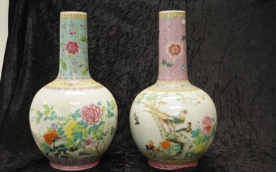 Pair large painted Chinese vases each with painted bird...