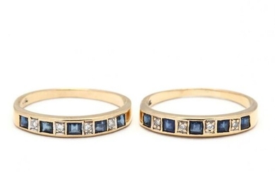 Pair of 18KT Gold, Diamond, and and Sapphire Bands