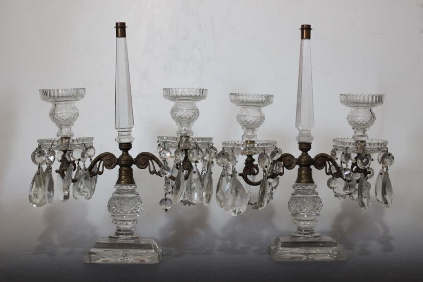 Pair of 2 Lights Crystal and Bronze Candelabra