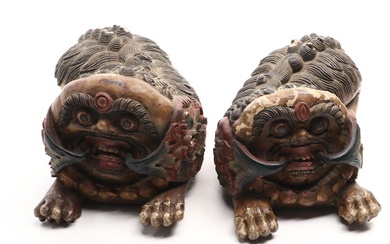 Pair of Chinese Carved and Polychrome-Painted "Shishi" Guardian Lions