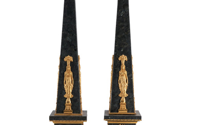 Pair of Empire-style Patinated Bronze and Black Granite Obelisks, France,...
