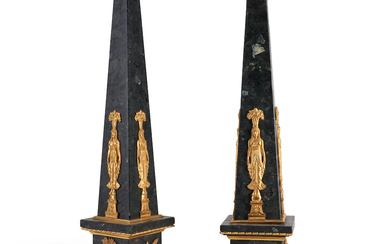 Pair of Empire-style Patinated Bronze and Black Granite Obelisks, France,...