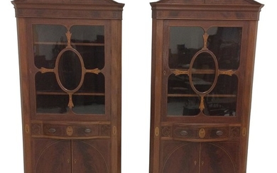 Pair of Federal-style Baltimore-type Inlaid and Glazed Mahogany Corner Cupboards