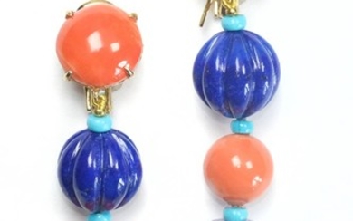Pair of Gold, Coral, Fluted Lapis and Turquoise and Amethyst Bead Pendant-Earclips