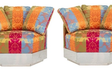 Pair of Modernist hexagonal upholstered swivel chairs attributed to Milo Baughman (American