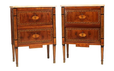 Pair of Neoclassical Marble Top Marquetry Inlaid Fruitwood Commode