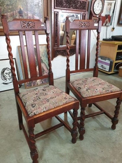 Pair of Oak Dining Chairs, Circa 1930's with Fabric Seat and...