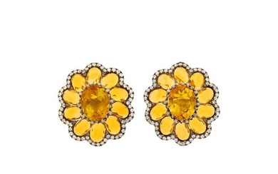Pair of Two-Color Gold, Citrine and Diamond Flower Earrings