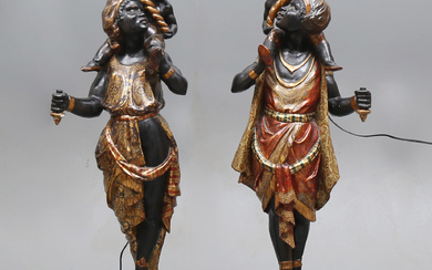 Pair of Venetian servants in carved, polychrome, gilt and embossed wood, early 20th Century.