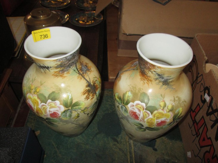 Pair of Victorian hand decorated milk glass vases