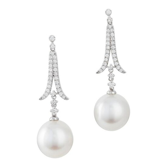 Pair of White Gold, Diamond and South Sea Cultured Pearl Pendant- Earrings