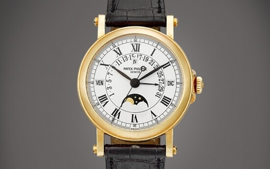 Patek Philippe Reference 5059 | A yellow gold perpetual calendar wristwatch with day, retrograde date, moon phases and leap year indication, Circa 1999 | 百達翡麗 | 型號5059 | 黃金萬年曆腕錶，備逆跳日期、星期、月相及閏年顯示，約1999年製
