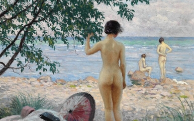 Paul Fischer: The Japanese parasol. Bathing women at Hornbæk beach. Signed Paul Fischer. Oil on panel. 32×39 cm.