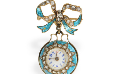 Pendant watch: gold/enamel form watch "Boule de Geneve" with original brooch and diamond setting, ca. 1900