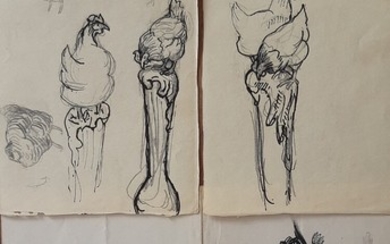 Peter Hansen: Four sketch sheets (of which two are connected) with studies for a spoons adorned with roosters and chickens. Unsigned. Lead and ink on paper.