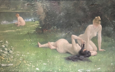 Pierre Franc LAMY (1855-1919) Trois baigneuses. Huile sur toile signée en bas à gauche. (Accidents)....