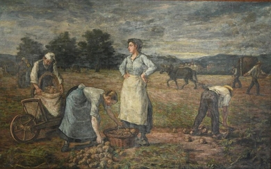 Pierre SALLE (1835-1900). The potato harvest and The Harvest. Two large oil paintings on canvas forming pendants, signed. 129x220 cm. Large moulded natural wood frames and applied pastilles. (Restorations, a few lacks of material; precise condition:...