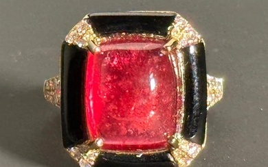 Pink Rubellite and Onyx Deco Style Ring