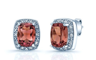 Pink Tourmaline And Diamond Rectangular Halo Earrings In 14k White Gold