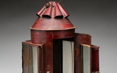 RED PAINTED TIN CANDLE LANTERN.