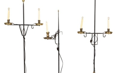 REPRODUCTION IRON AND BRASS CANDLESTANDS, LOT OF THREE