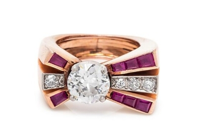 RETRO, DIAMOND AND SYNTHETIC RUBY RING
