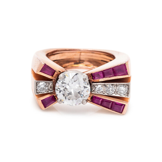 RETRO, DIAMOND AND SYNTHETIC RUBY RING