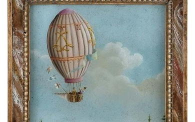REVERSE-PAINTED GLASS HOT AIR BALLOON SCENE 19th Century 9” x 6.5” sight. Framed