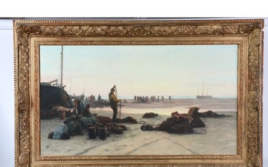 ROUSSEL Charles. (1861-1936). « Les préparatifs pour la pêche ». Grande huile sur toile signée....