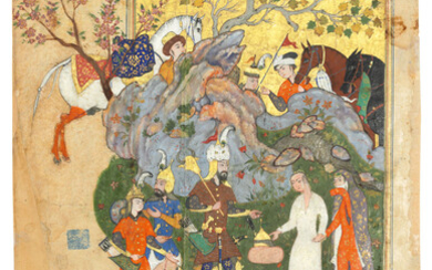 RUSTAM MEETING AFRASIYAB, CALLIGRAPHY BY QUTB AL-DIN IBN HASAN AL-TUNI, QAZVIN OR MASHHAD, 1580