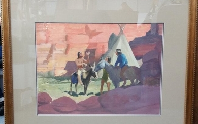 Robert Amick Native American Large Watercolor Painting