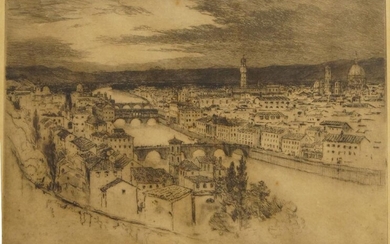 Robert Charles Goff, British 1837-1922- View of Florence; etching, signed 'R. Goff' in pencil (lower right), faintly signed and dated 'R. Goff 1912' within the sheet, 20 x 30.5 cm.