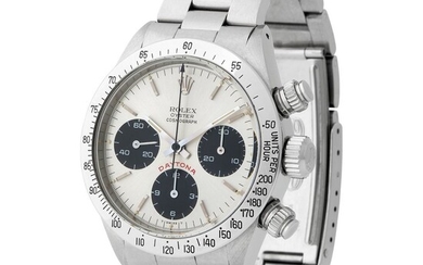 Rolex. Highly Attractive and Very Rare Daytona Chronograph Wristwatch in Steel, Reference 6265, With Silver “Big Red” Dial