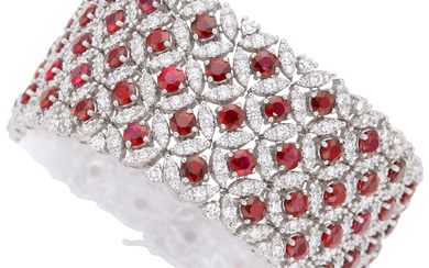 Ruby, Diamond, White Gold Bracelet Stones: Round-cut rubies weighing...