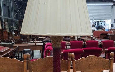 Ruby Glass & Brass Column Table Lamp, with Corinthian capital and moulded strawberry pattern column & on stepped base