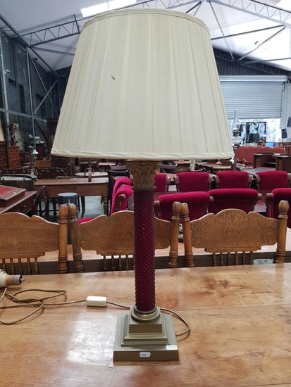 Ruby Glass & Brass Column Table Lamp, with Corinthian capital and moulded strawberry pattern column & on stepped base
