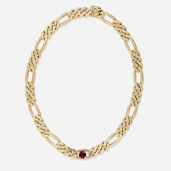Ruby, diamond, and gold chain necklace