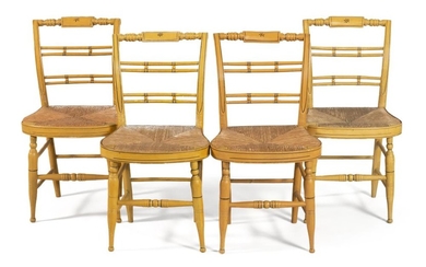 SET OF FOUR FANCY SHERATON RUSH-SEAT SIDE CHAIRS Painted yellow. Back heights 33.5". Seat heights 18".