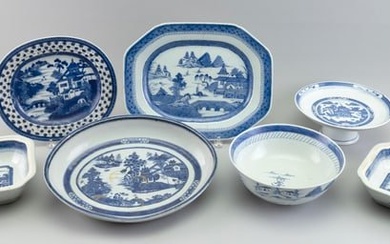 SEVEN PIECES OF CHINESE BLUE AND WHITE PORCELAIN, MOSTLY CANTON 19th to Early 20th Century