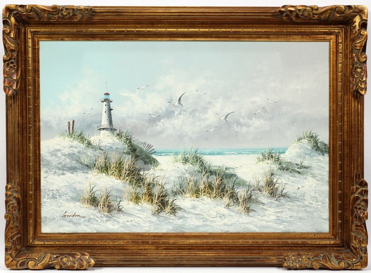 SIGNED GORDON OIL ON CANVAS 24 36 SAND DUNES AND LIGHTHOUSE