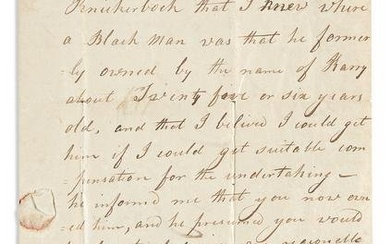 (SLAVERY & ABOLITION.) Letter offering to capture an escaped enslaved New Yorker--for a bounty.