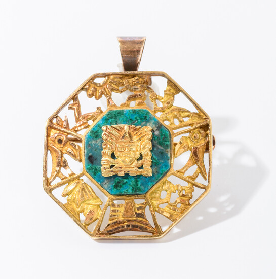 SOUTH AMERICAN 18K YELLOW GOLD AND GREEN HARDSTONE OCTAGONAL PIN/PENDANT....