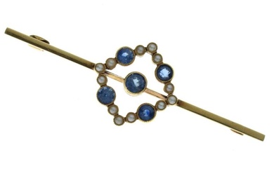 Sapphire and seed pearl bar brooch, indistinct tag, the...