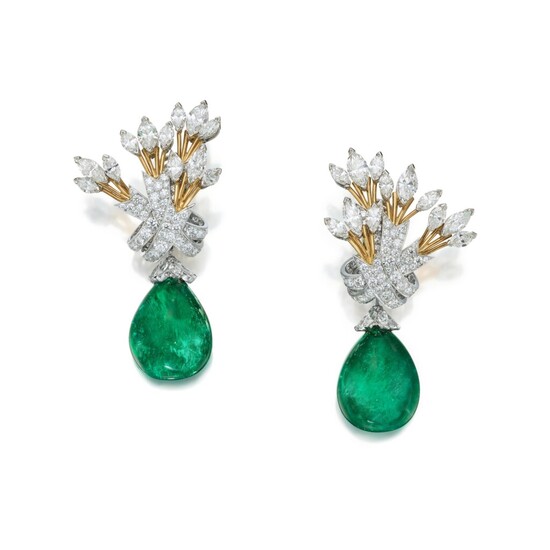 Schlumberger for Tiffany & Co. | Pair of Emerald and Diamond Pendant-Earclips | Schlumberger 蒂芙尼 祖母綠配鑽石耳墜一對